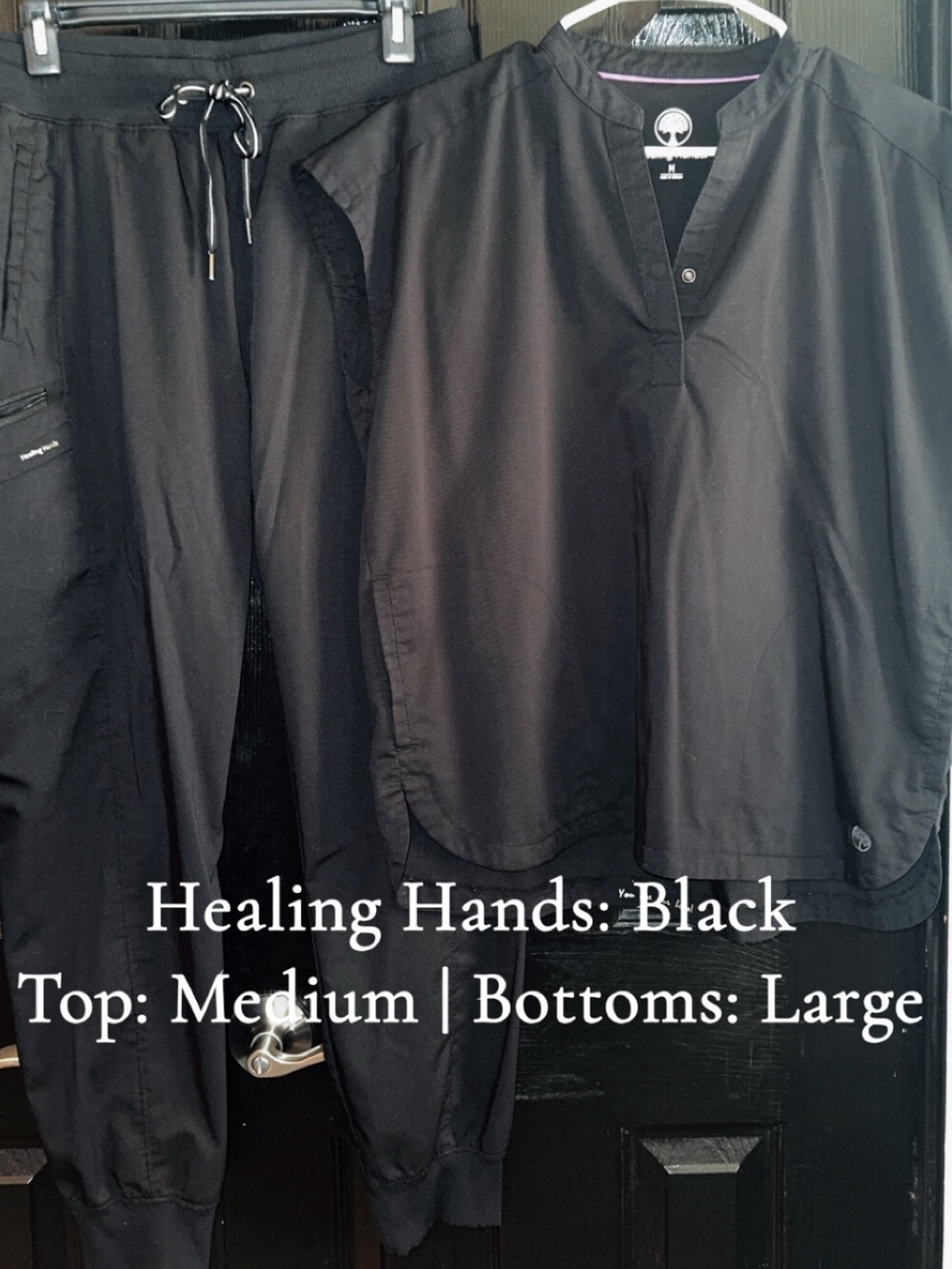 Women’s Scrub Set. healing hands Black V-Neck Scrub Top & Jogger Pants.